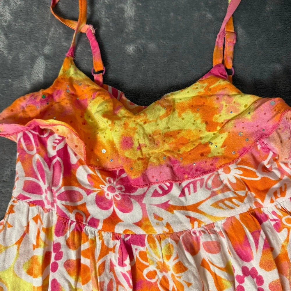 Justice Girls Size 14 Floral Tie Dye Maxi Dress Pink Orange Sequin Ruffle